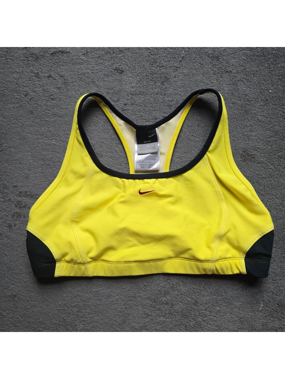 Nike Dri-FIT Sports Bra Yellow Black Trim Center Swoosh Racerback large